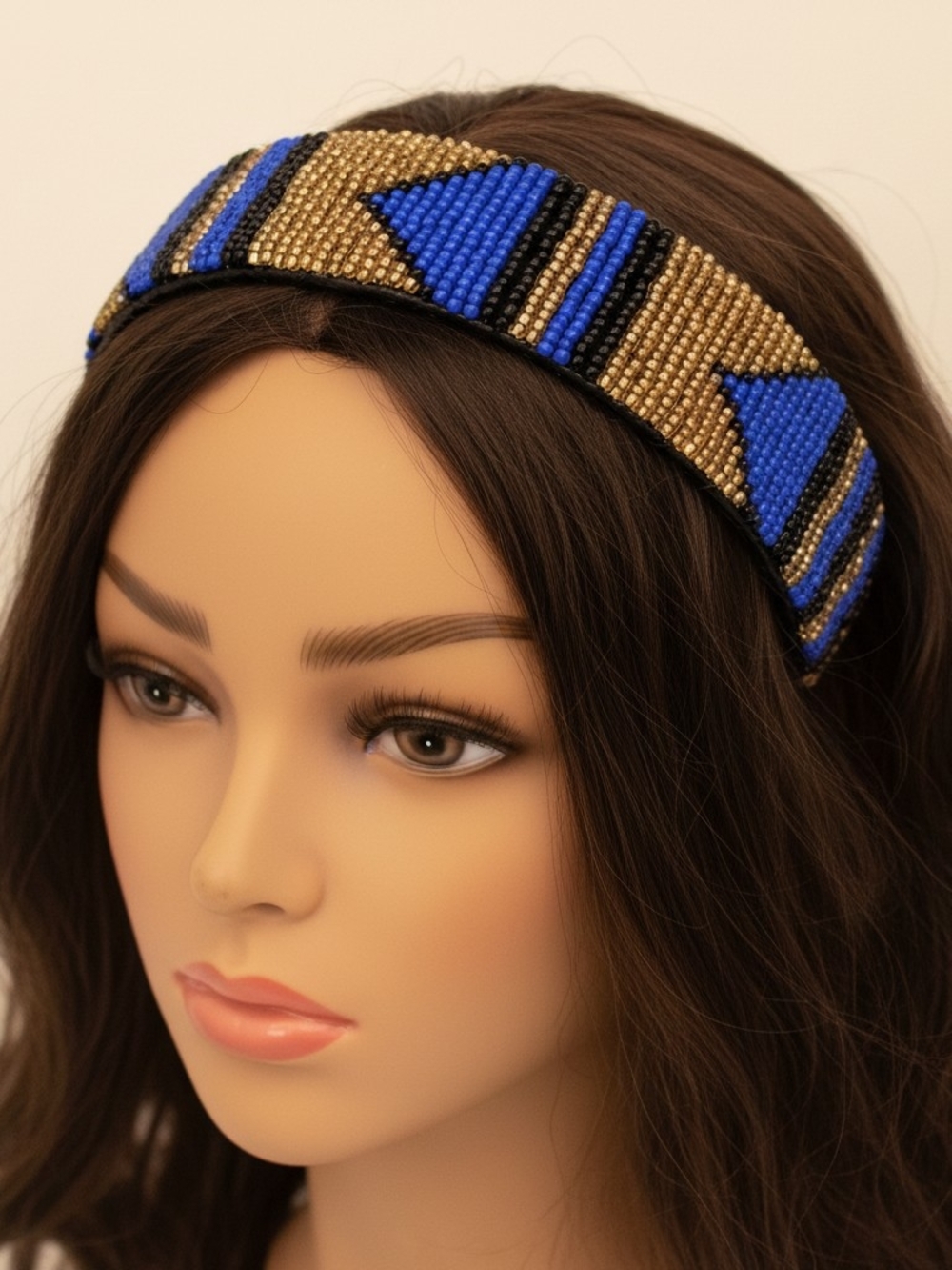 Beaded Blue and Gold Geometric Fashion Headband